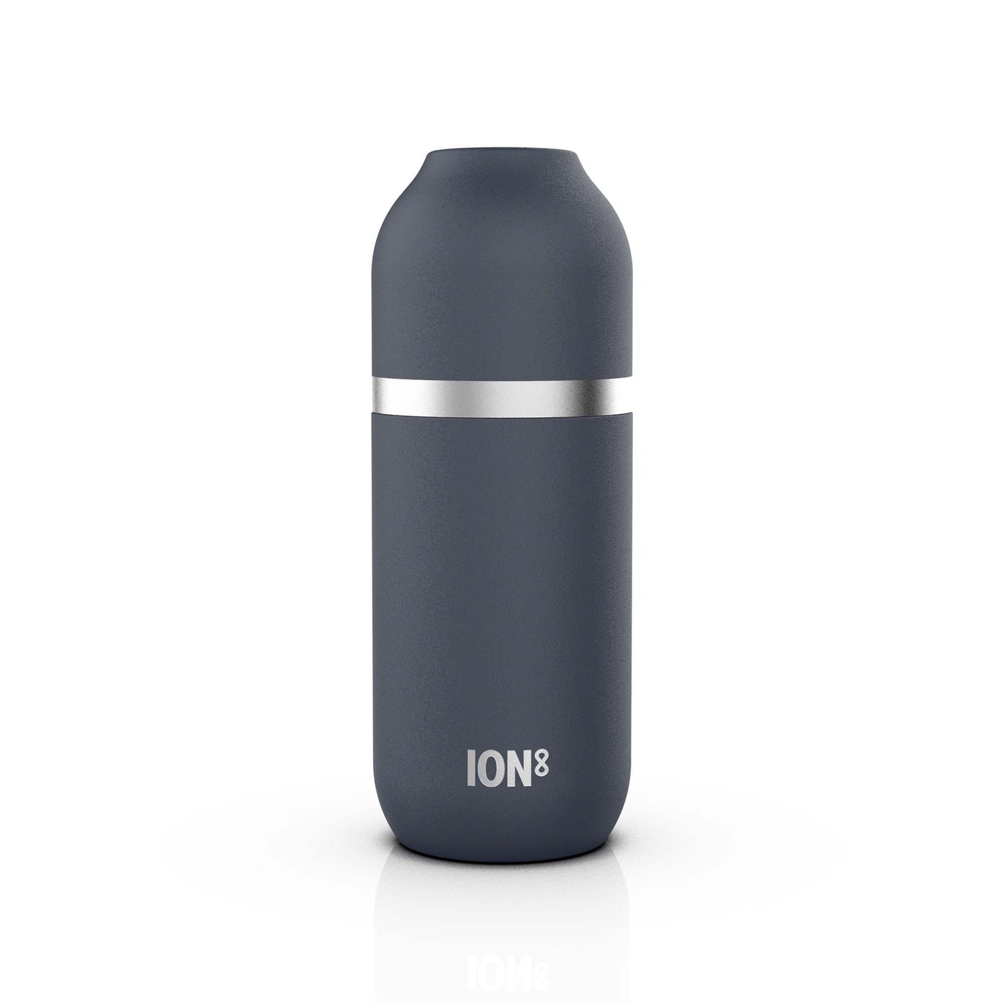 A sleek dark gray insulated bottle stands upright featuring a silver band in the middle on a plain white background with "ION8" printed at the bottom.