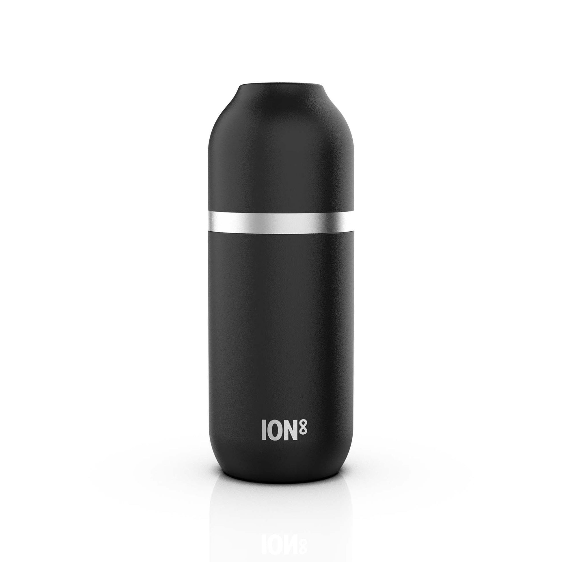 A black insulated bottle stands upright with a silver band in the middle against a plain white background Text on the bottle reads ION8