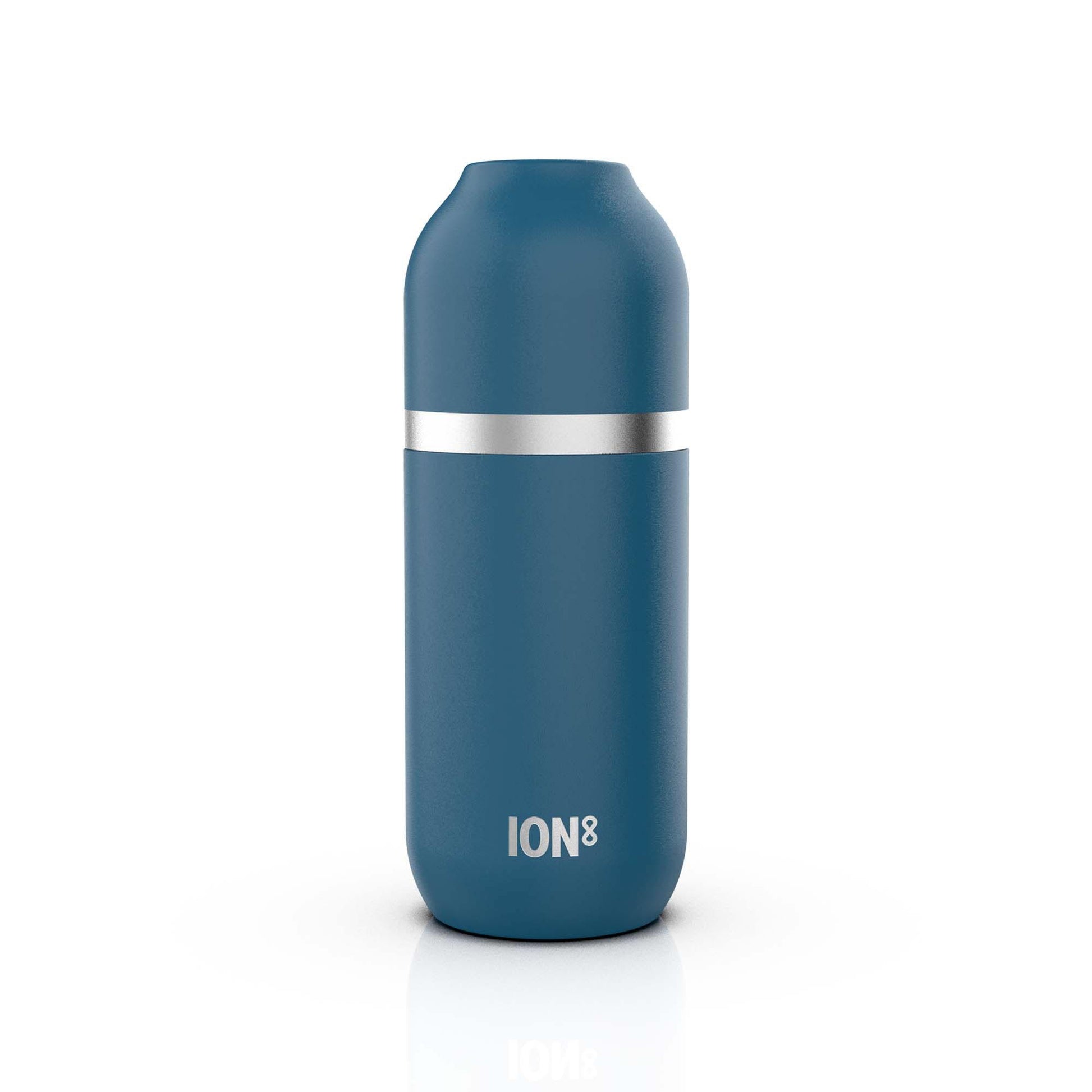 A blue insulated bottle standing upright with a silver horizontal band near the top on a plain white background. The text "ION8" is printed near the bottom.