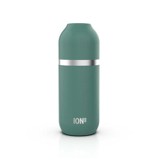 Green water bottle standing upright featuring a silver band around the middle with the text ION8 at the bottom against a plain white background