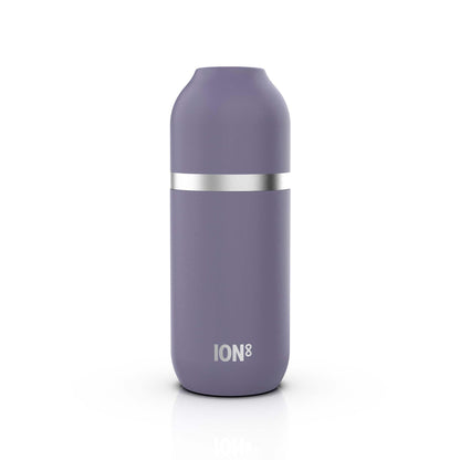 A cylindrical purple water bottle with a metallic band around the middle stands upright against a white background featuring the text ION8 near its base.