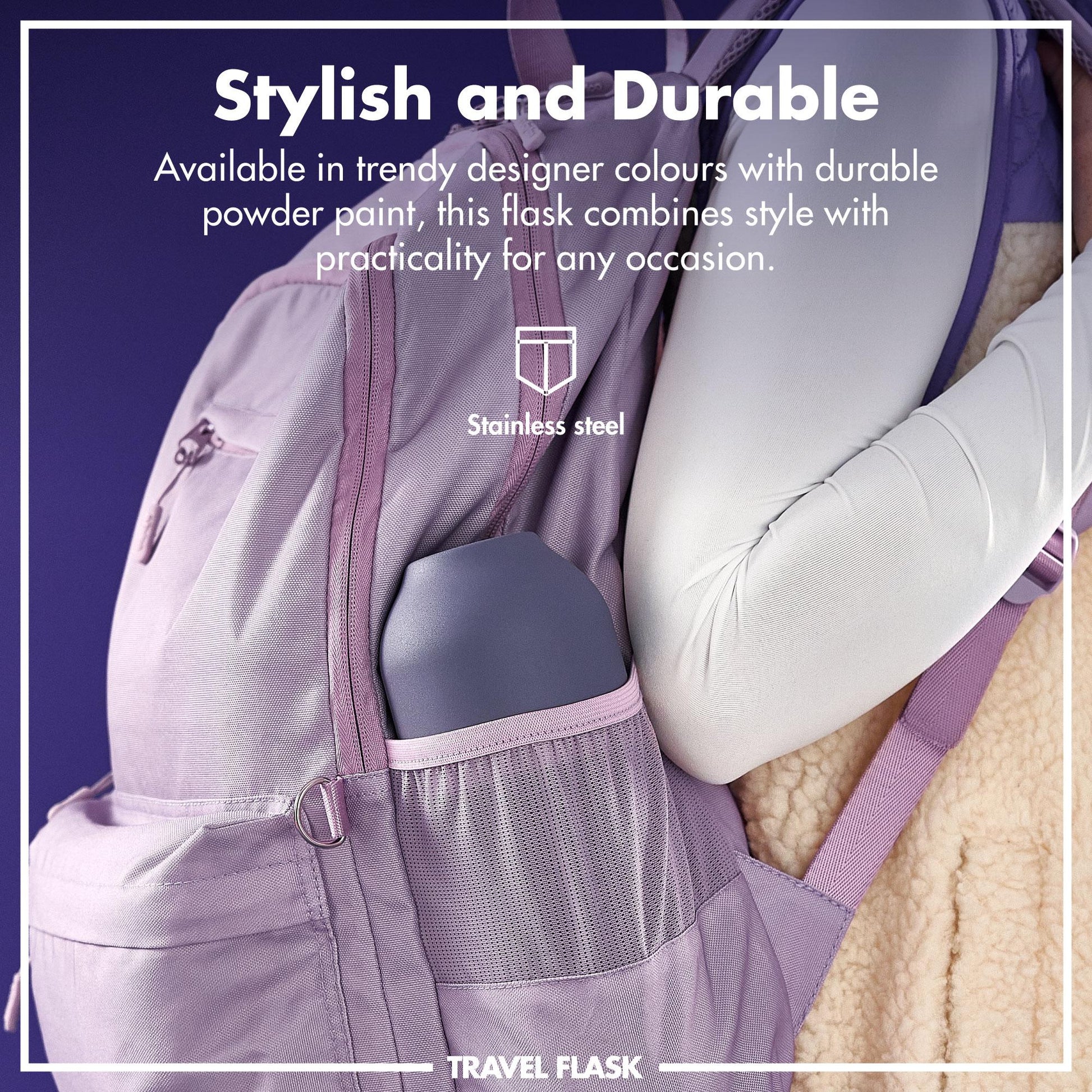 A stainless steel flask is tucked into a lavender backpack's side pocket held by a person in a cozy jacket Stylish and Durable Available in trendy designer colours with durable powder paint this flask combines style with practicality for any occasion TRAVEL FLASK