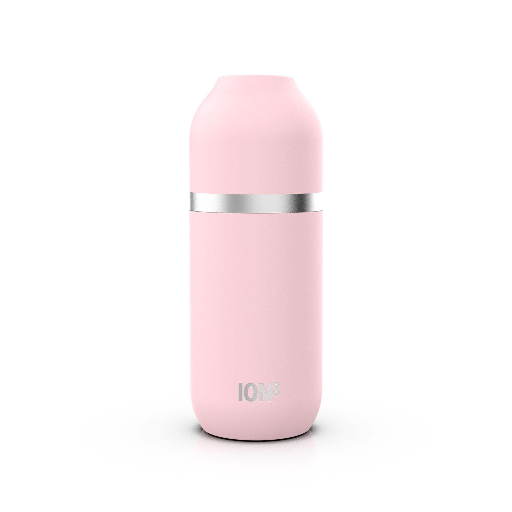 A pink insulated water bottle stands on a white background featuring a silver band around the middle with "ION8" printed near the bottom.