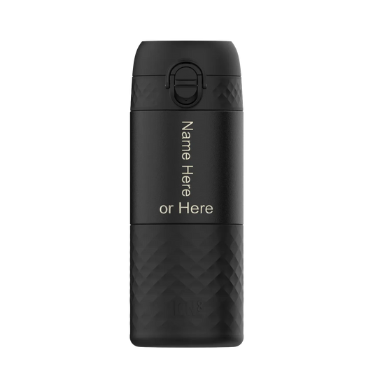 A black thermos tumbler stands upright with customizable text "Name Here or Here" vertically written on it against a plain background.