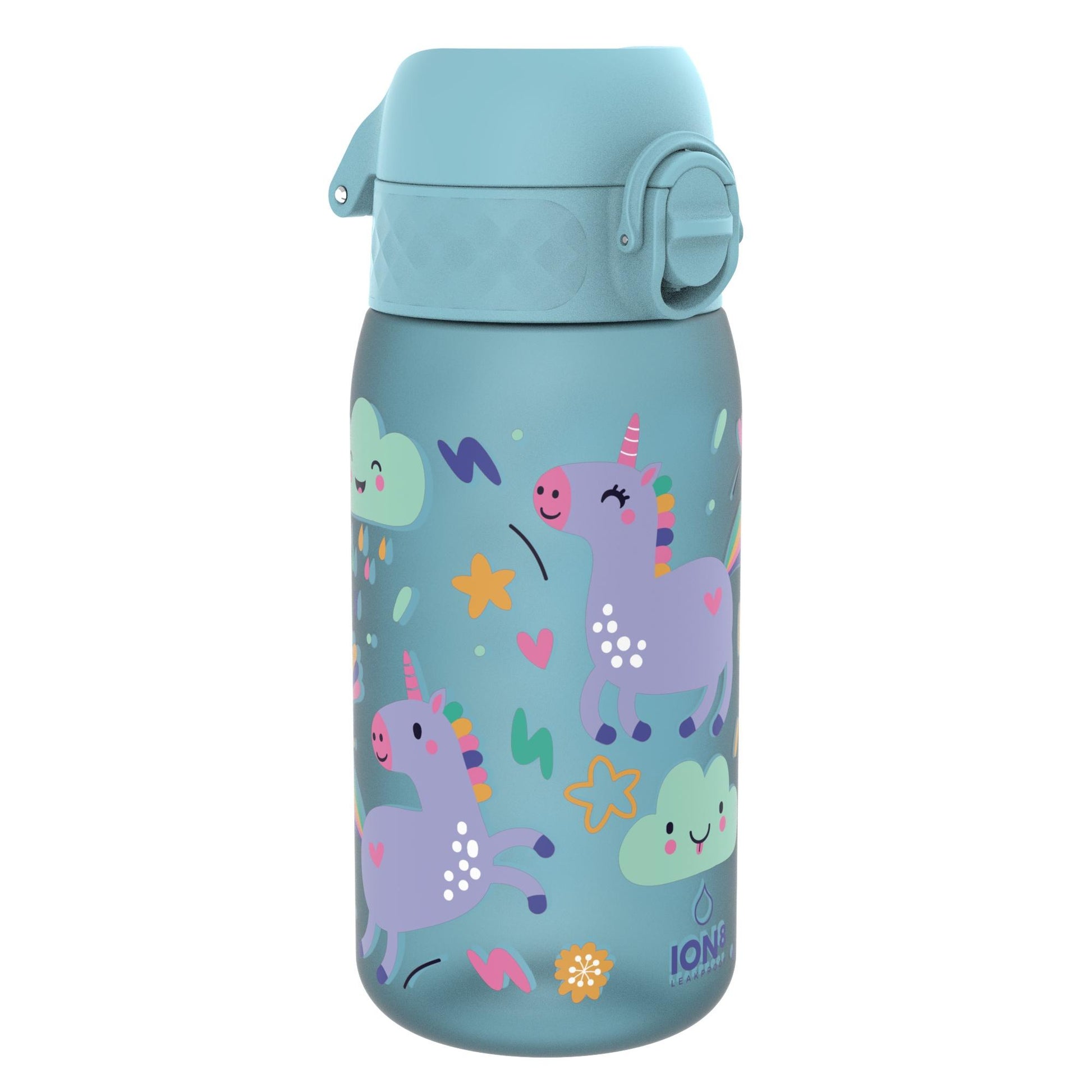 A light blue water bottle features colorful unicorns and clouds with hearts and stars. It has a secure lid with a clasp. Text reads: "ION8 Leakproof".