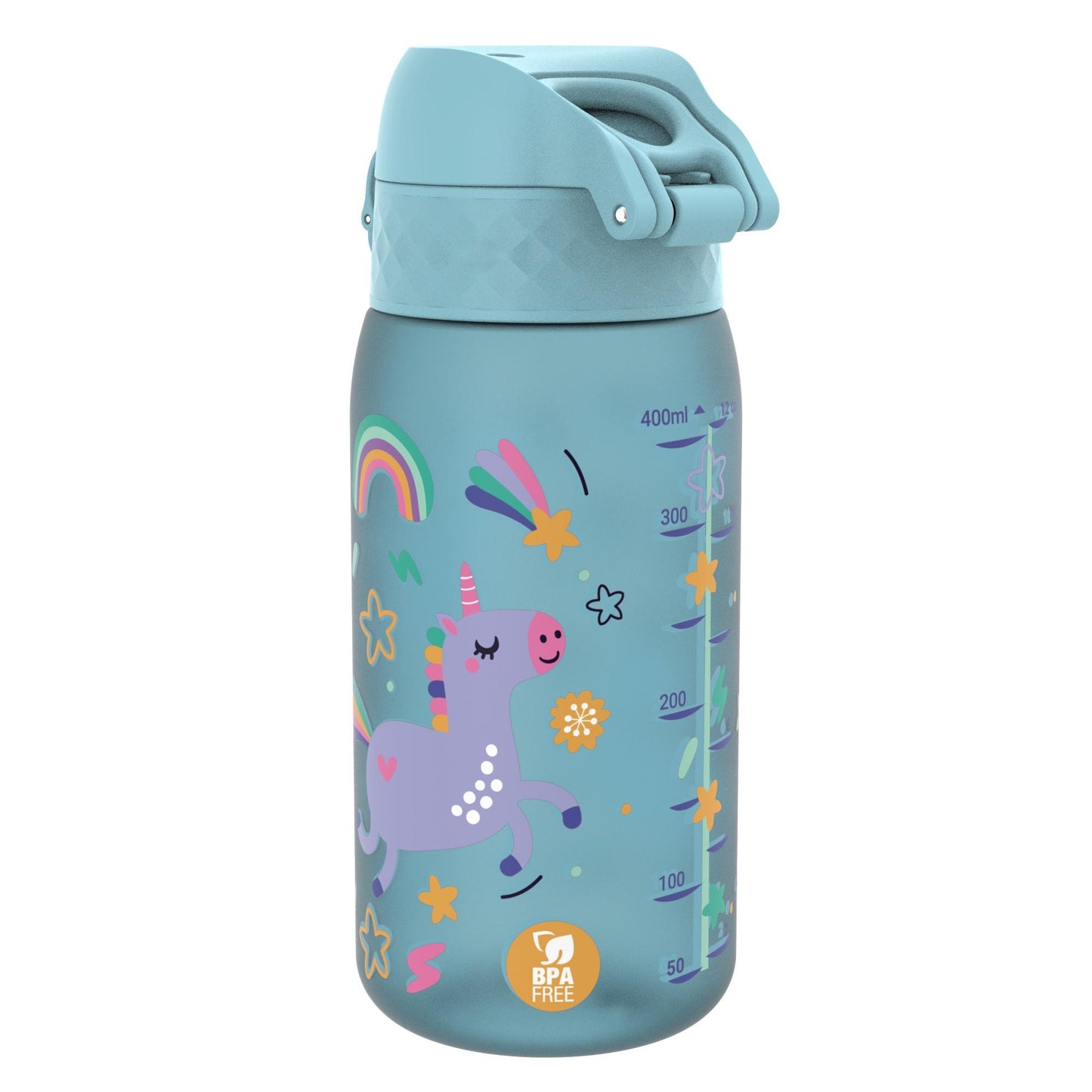 A light blue water bottle displays a colorful unicorn and star design while marked with measurement indicators up to 400ml and a "BPA FREE" label against a white background.