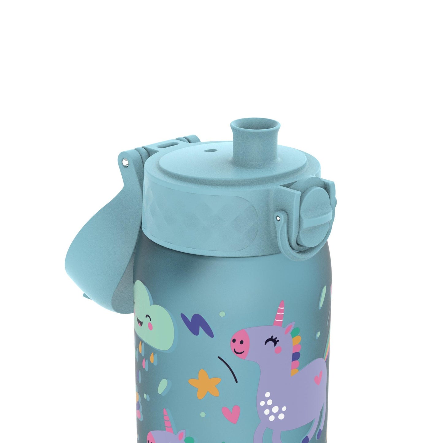 A teal water bottle featuring colorful unicorn and cloud illustrations with a flip-top lid in a studio setting.