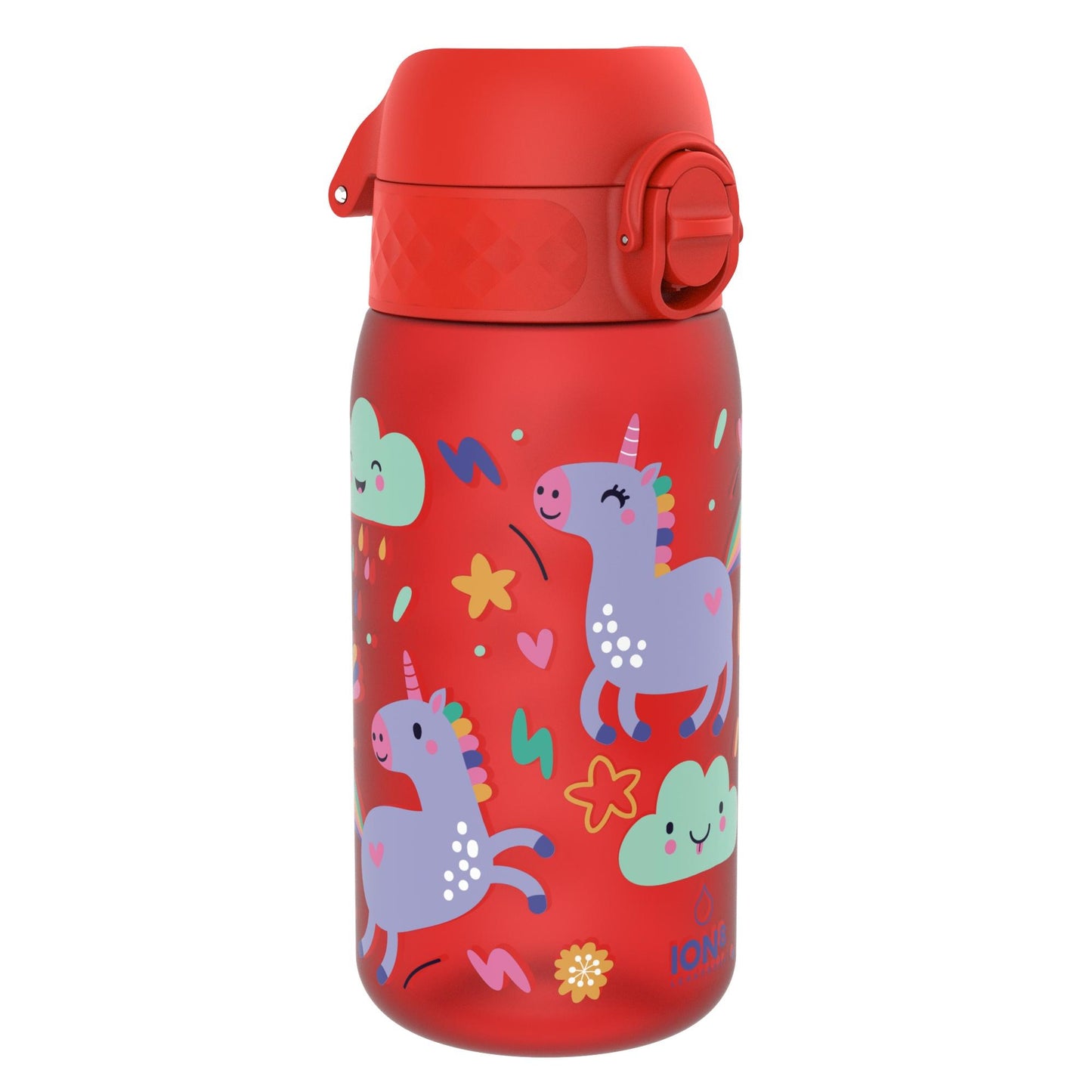 A red water bottle displays colorful unicorns, flowers, and clouds against a vibrant background. It features a secure lid with a folding spout lock. Text: ION8.