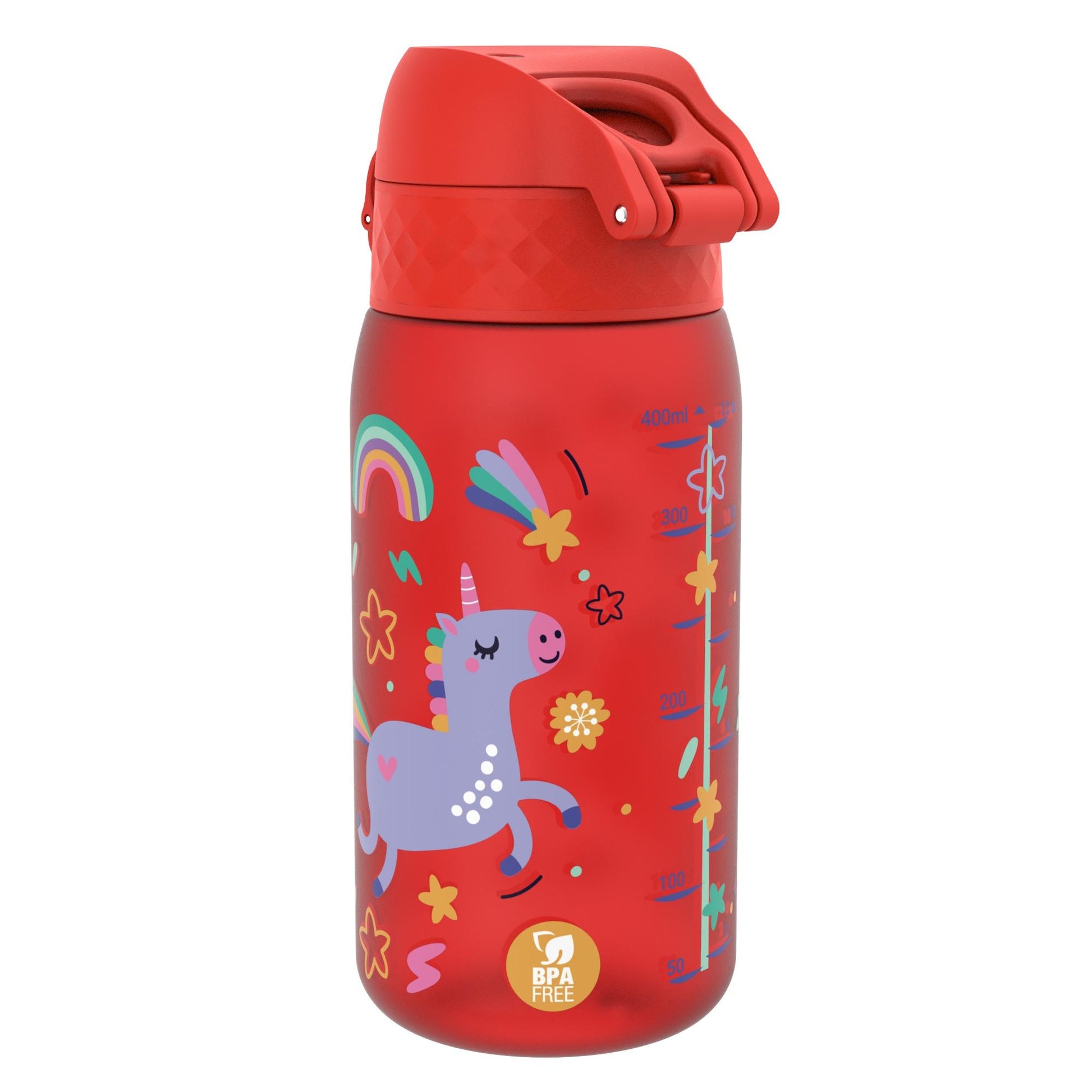 A red water bottle featuring a colorful unicorn and stars, with measurement markings up to 400ml on one side BPA FREE label at the bottom in a playful design for children