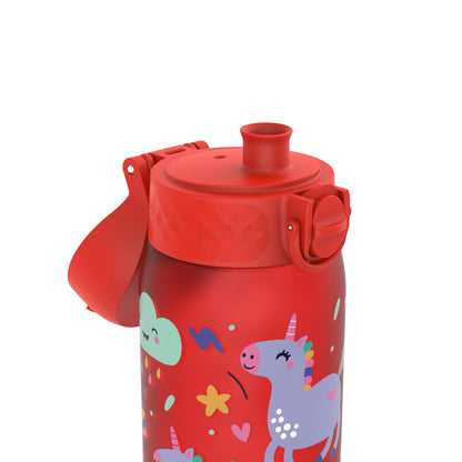 A red water bottle features a flip-top spout adorned with colorful unicorn and cloud illustrations amidst stars in a playful design.