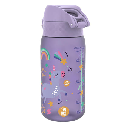 Purple water bottle featuring a unicorn, stars, and rainbows; marked with volume measurements up to 400ml and labeled BPA Free in an orange circle