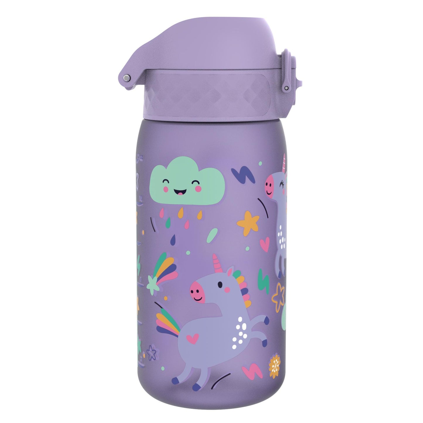 Purple water bottle decorated with smiling clouds and playful unicorns in a whimsical, colorful design suitable for a child-friendly environment.