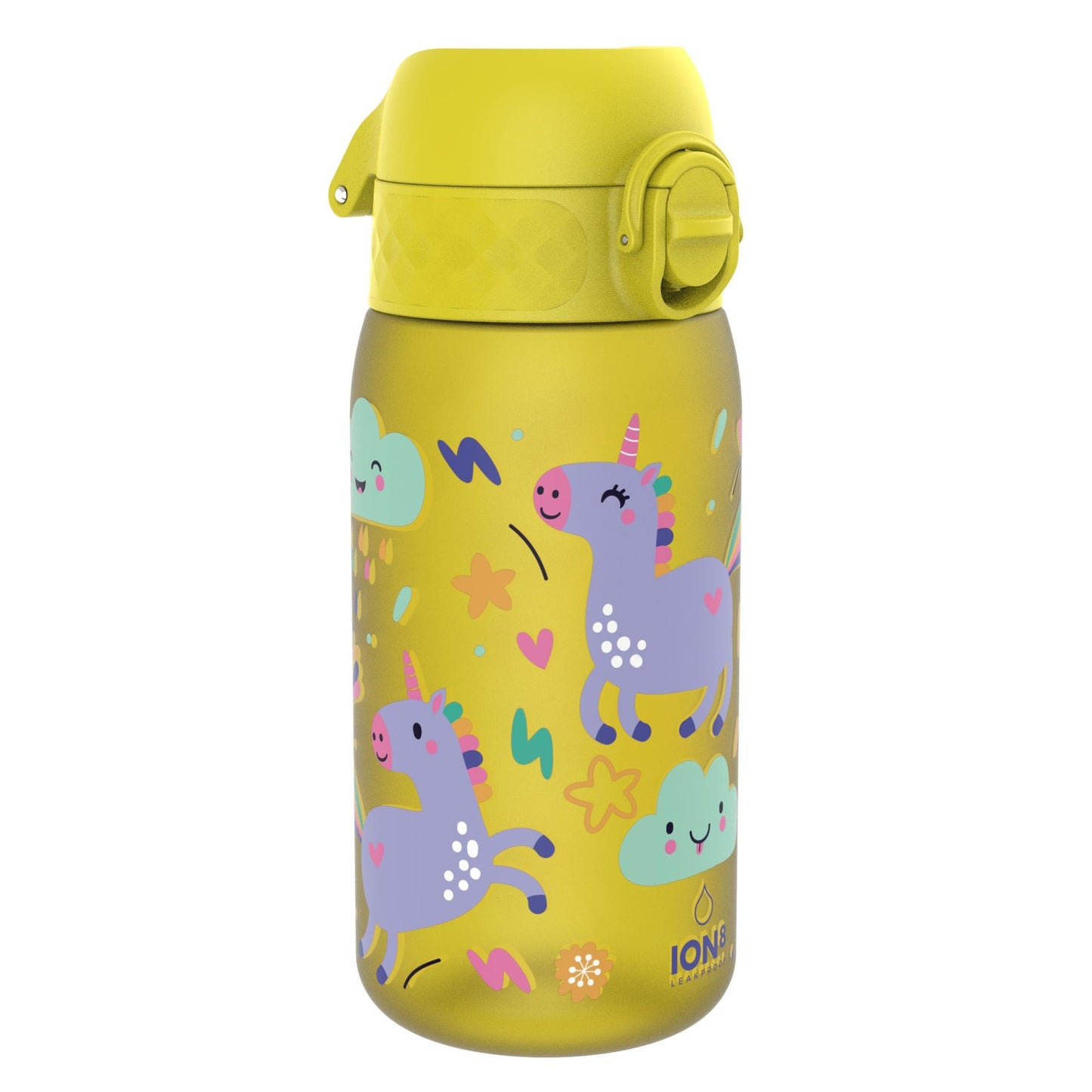 Yellow water bottle decorated with purple unicorns and smiling clouds in a playful, colorful design ION8 branding near the base with the text “ION8 LEAKPROOF”