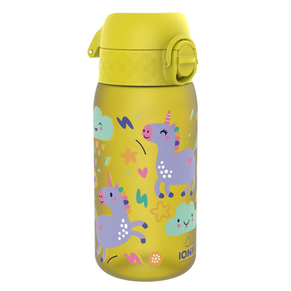 Yellow water bottle decorated with purple unicorns and smiling clouds in a playful, colorful design ION8 branding near the base with the text “ION8 LEAKPROOF”