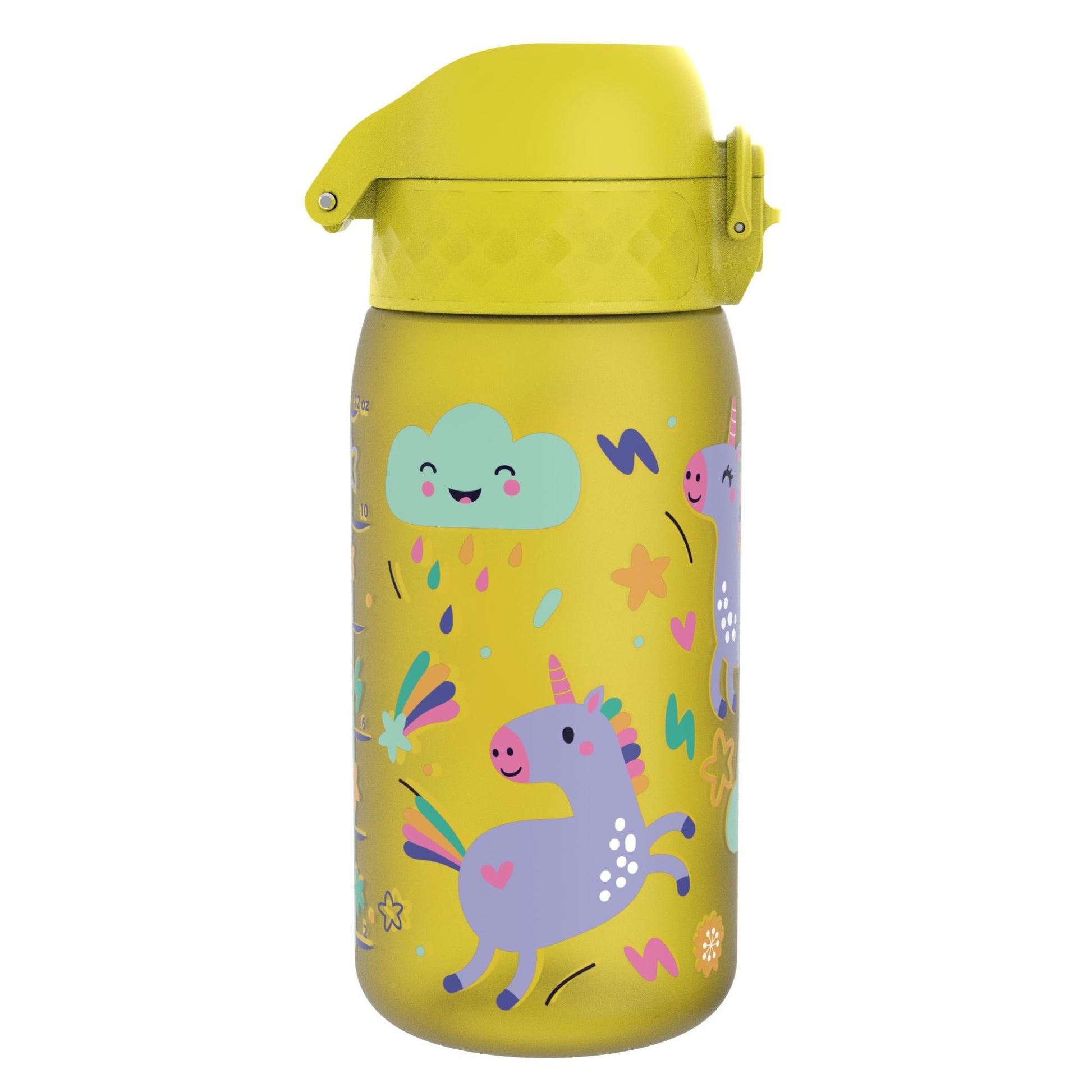 A yellow water bottle features purple unicorns and a smiling cloud with colorful raindrops set against a cheerful, playful background.