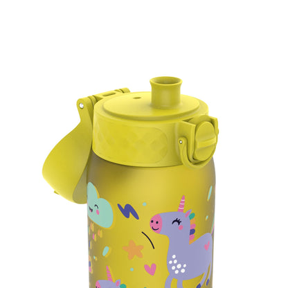 A yellow water bottle features a purple unicorn with a rainbow mane and cloudy sky elements in a whimsical design surrounded by colorful stars and shapes.