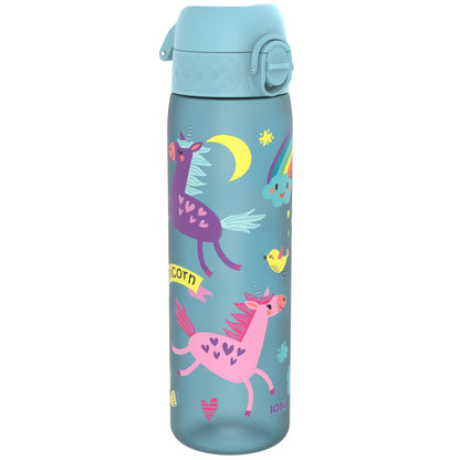 A teal water bottle depicts colorful unicorns with heart patterns, a bird, a rainbow, moon, clouds, and the word "Unicorn" on a ribbon in a whimsical design.