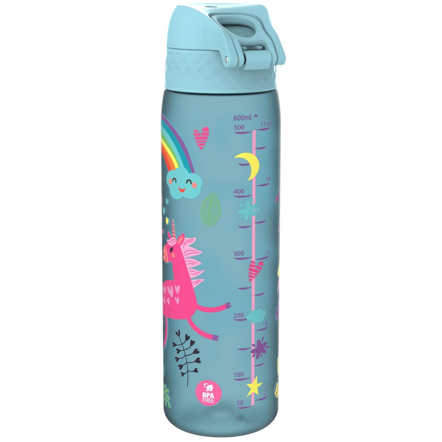 Blue water bottle features colorful unicorn, rainbow, and various decorative elements. Measurement markings read 600ml to 50ml and 17oz to 2oz. Text "BPA Free" at the bottom.