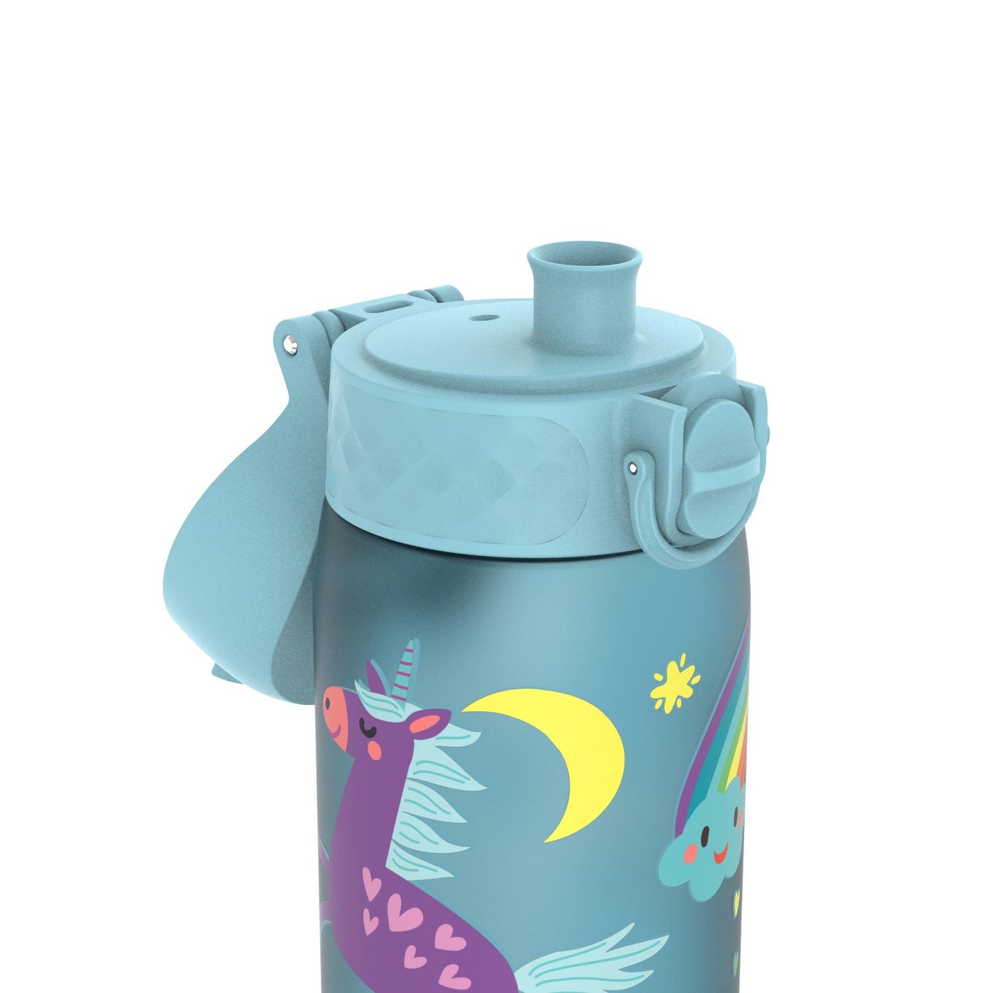 A blue water bottle with a flip-top lid features a colorful unicorn design, surrounded by a crescent moon, stars, and a rainbow, set against a light background.