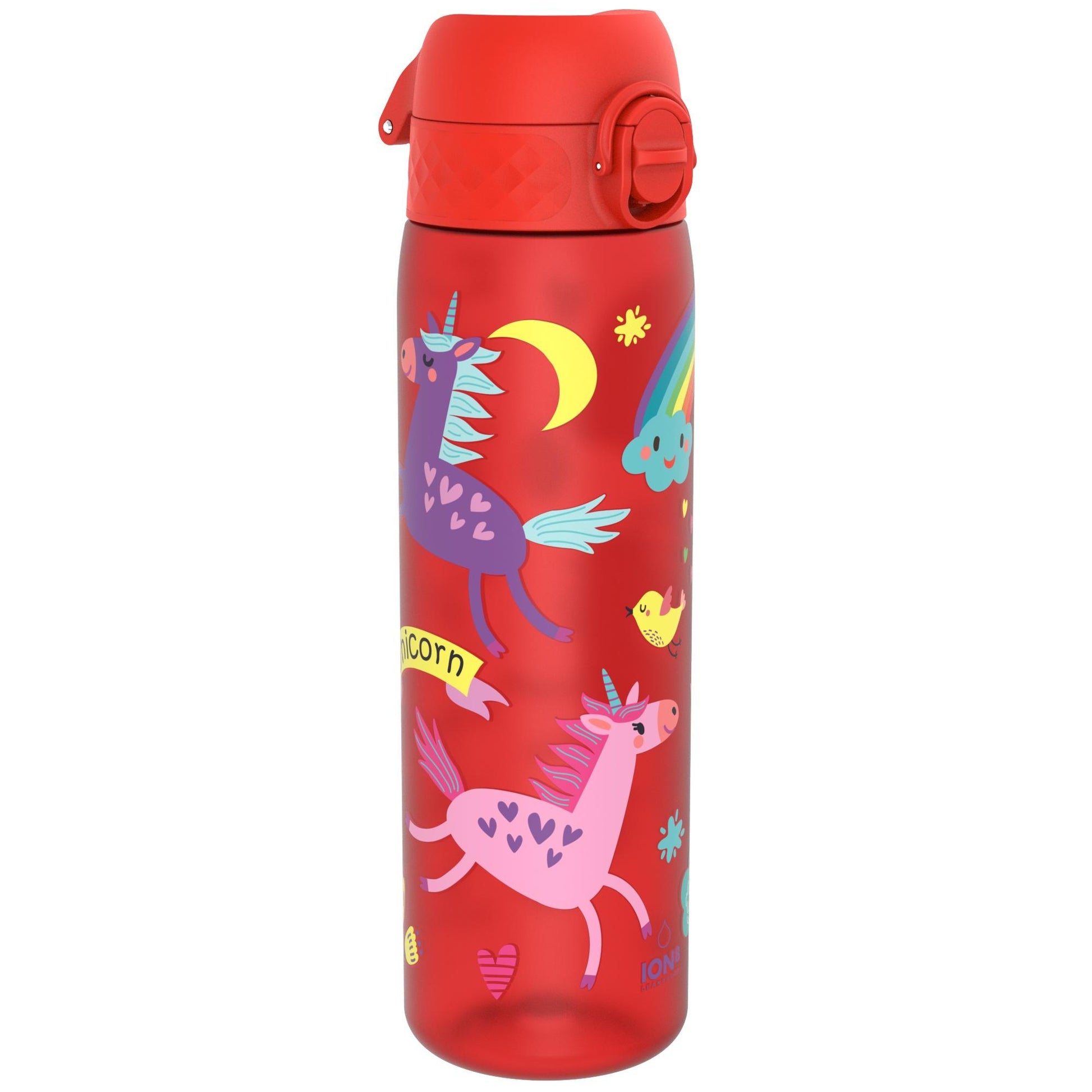 Red water bottle featuring colorful unicorn graphics with hearts and rainbows in a whimsical design Text reads unicorn ION8 Leakproof