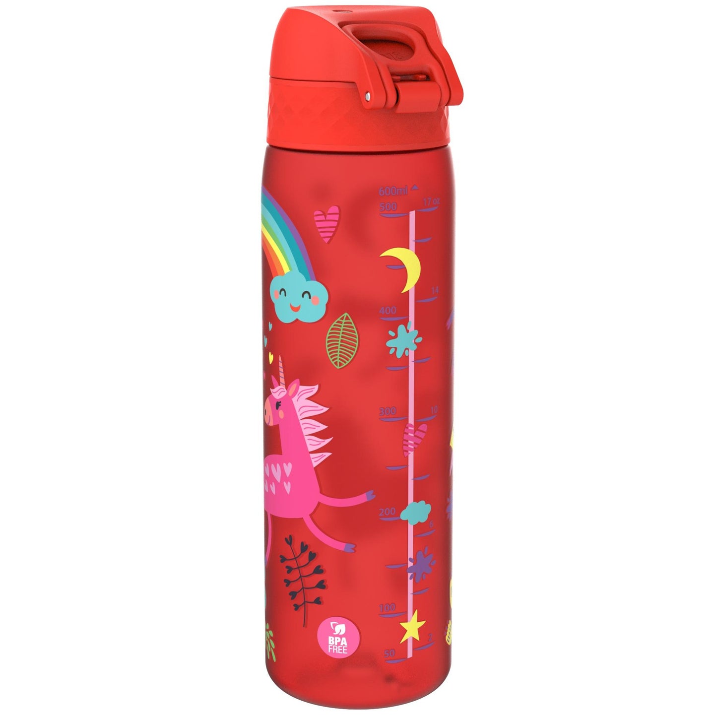 A red water bottle features a unicorn and rainbow design, measurement markings up to 600ml, and a BPA-free label, set against a white background.