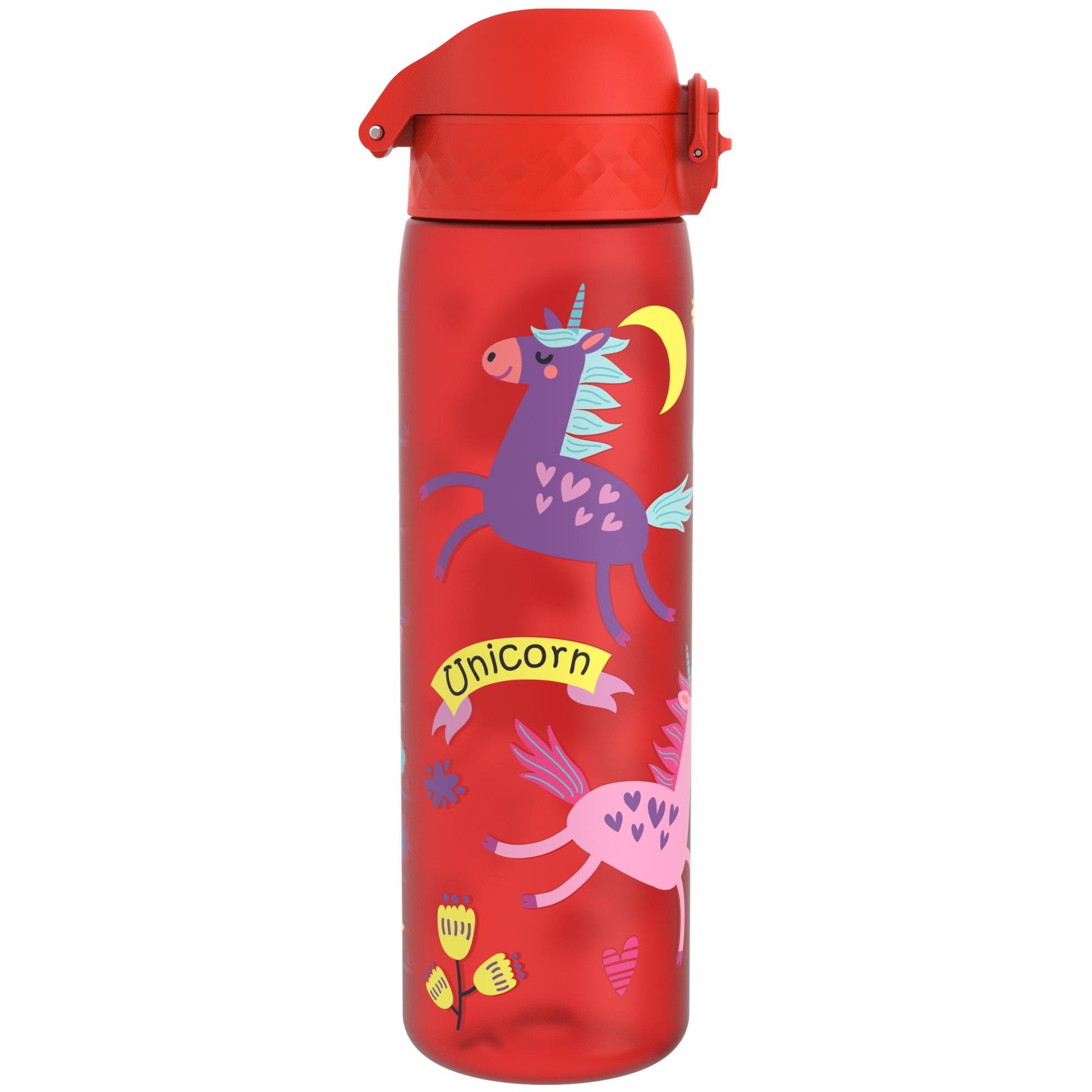 A red water bottle features colorful unicorn illustrations, including a purple unicorn with heart patterns. The word "Unicorn" is displayed on a yellow banner.