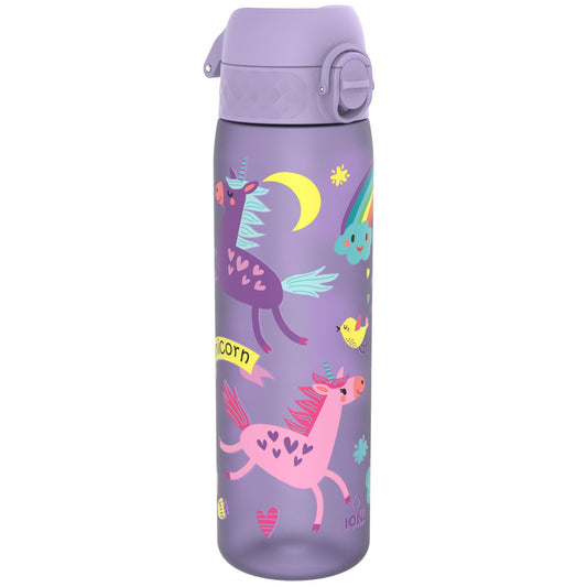 A purple water bottle features colorful unicorn illustrations with stars a moon and a rainbow surrounded by clouds and hearts with the text Unicorn and ION8 Leakproof.