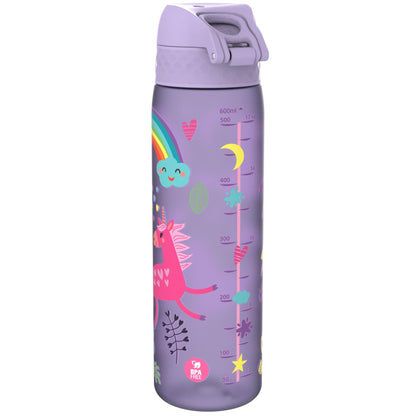 A purple water bottle features colorful unicorn and rainbow graphics with measurement markings from 50ml to 600ml alongside text BPA FREE amid hearts and leaves against a playful backdrop.