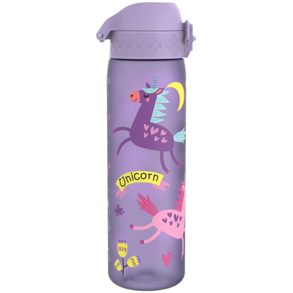 Purple water bottle featuring a cartoon unicorn with colorful accents and hearts, surrounded by flowers. The text "Unicorn" is written on a yellow ribbon beneath the unicorn.