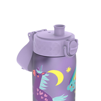 Purple water bottle featuring a flip-top lid standing vertically decorated with a colorful unicorn, crescent moon, star, and rainbow cloud against a white background.