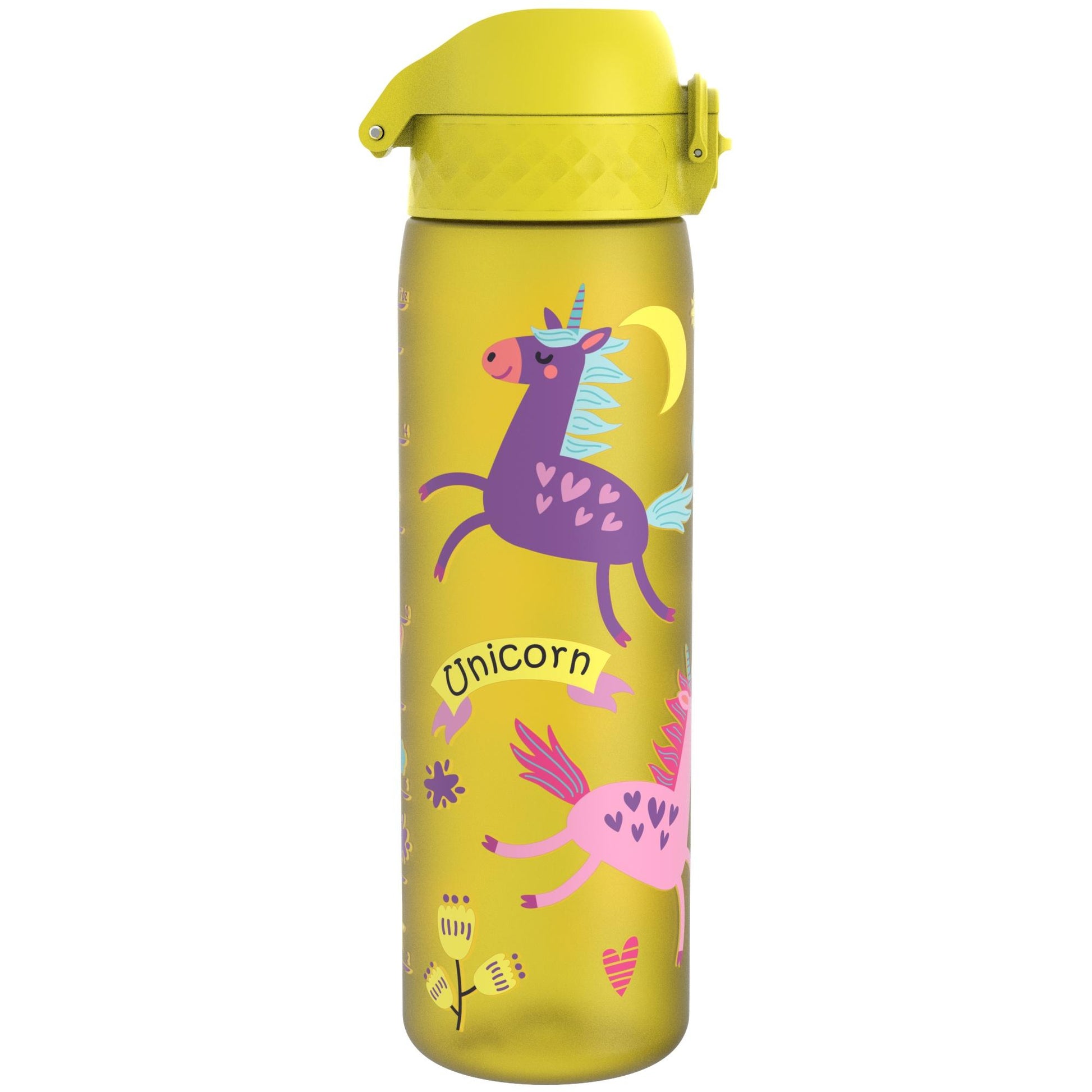 A yellow water bottle features colorful unicorn illustrations with heart designs. The word "Unicorn" is written on a banner. The bottle has a flip-top lid and floral accents.