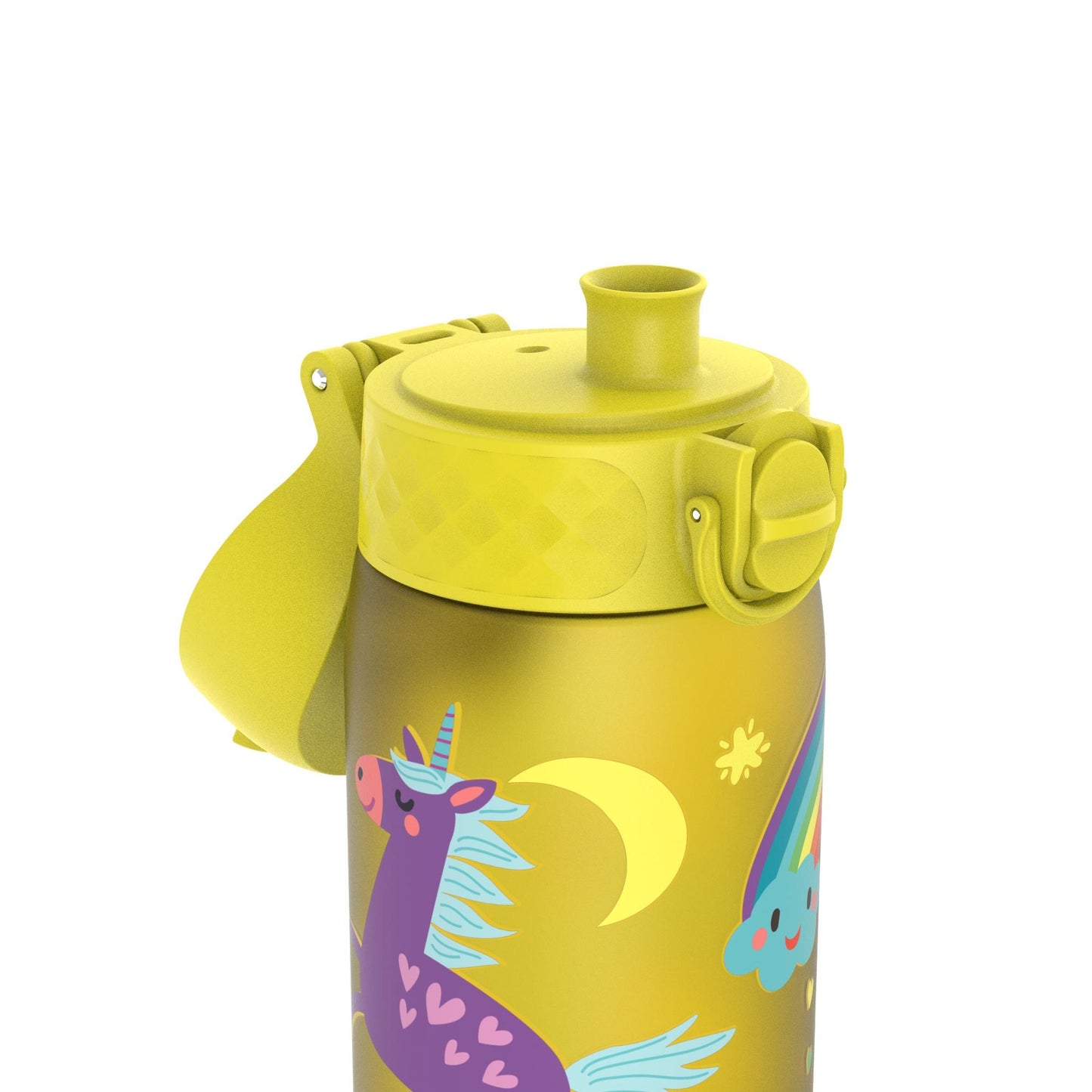 Yellow water bottle with a flip-top lid featuring a purple unicorn surrounded by hearts and a crescent moon amidst a smiling cloud and rainbow in a white background.