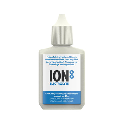 A small bottle of ION8 Electrolyte concentrate sits against a white background. The bottle is shown upright and contains a liquid electrolyte additive for water or other drinks.