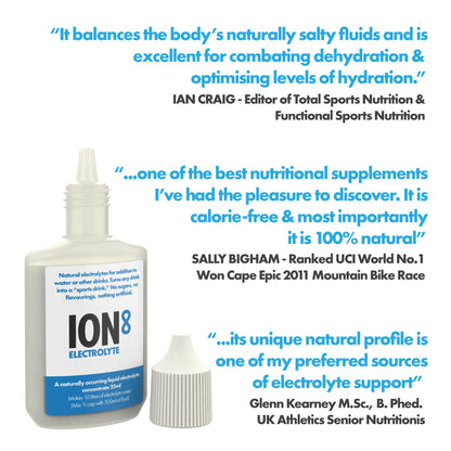 A bottle of ION8 electrolyte concentrate sits against a white background. The bottle displays endorsements. The text includes quotes from Ian Craig, Sally Bigham, and Glenn Kearney.