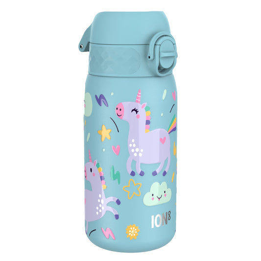 Blue water bottle featuring colorful unicorn illustrations and the text "ION8" in playful, whimsical design against a plain white background.