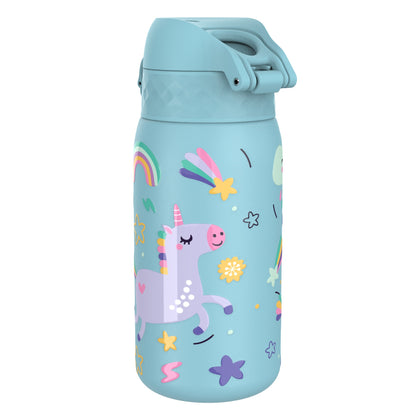 A blue water bottle decorated with colorful illustrations of unicorns, rainbows, and stars stands upright against a white background.