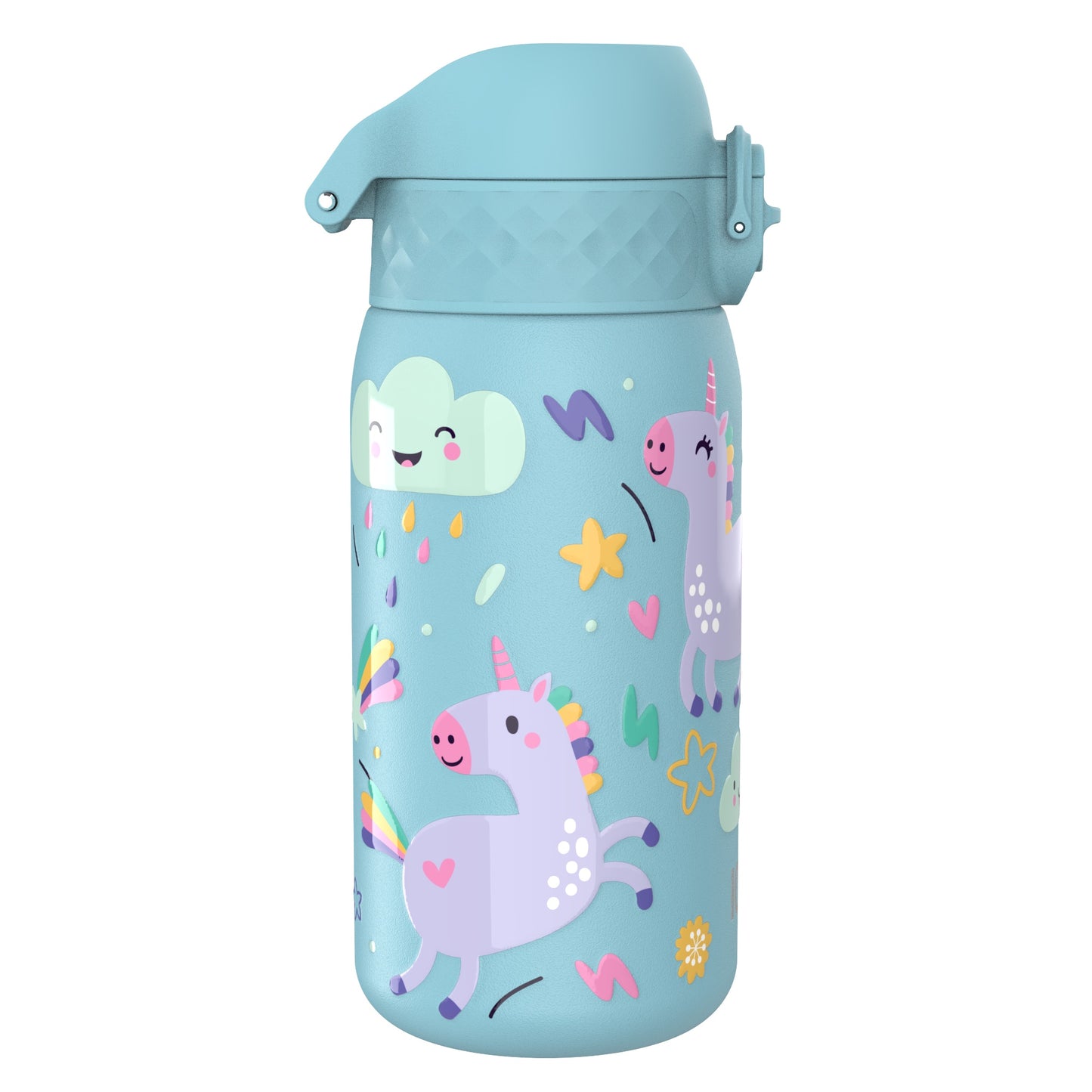 A blue water bottle features colorful unicorns, rainbows, and smiling clouds, set against a playful design with stars and abstract shapes.