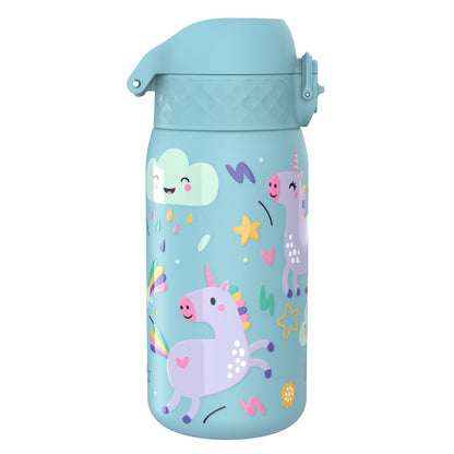 A blue water bottle features colorful unicorns, rainbows, and smiling clouds, set against a playful design with stars and abstract shapes.