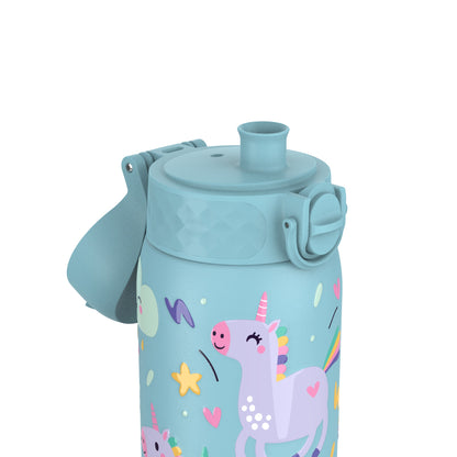 A blue water bottle features colorful unicorns, hearts, stars, and rainbows. It has a flip-top lid, spout, and integrated handle, set against a plain white background.