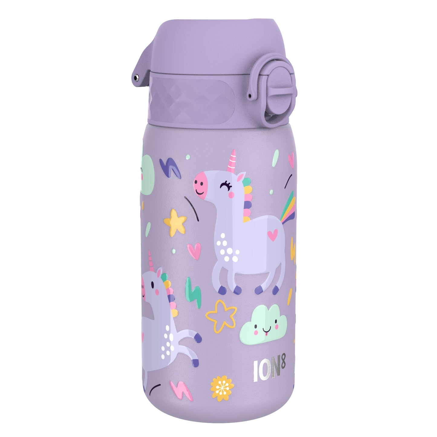 Purple water bottle features colorful unicorns and stars with a secure flip lid and a diamond-patterned grip ION8 text is displayed at the bottom