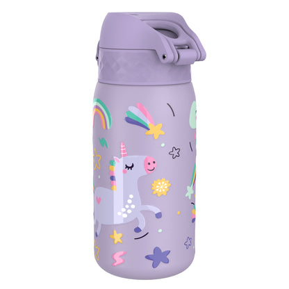 A purple water bottle features playful unicorn and star graphics in vibrant pastel colors set against a whimsical backdrop including rainbows and flowers.