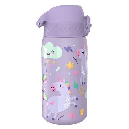 Purple water bottle featuring playful unicorns and happy cloud illustrations surrounded by colorful stars and raindrops against a white background