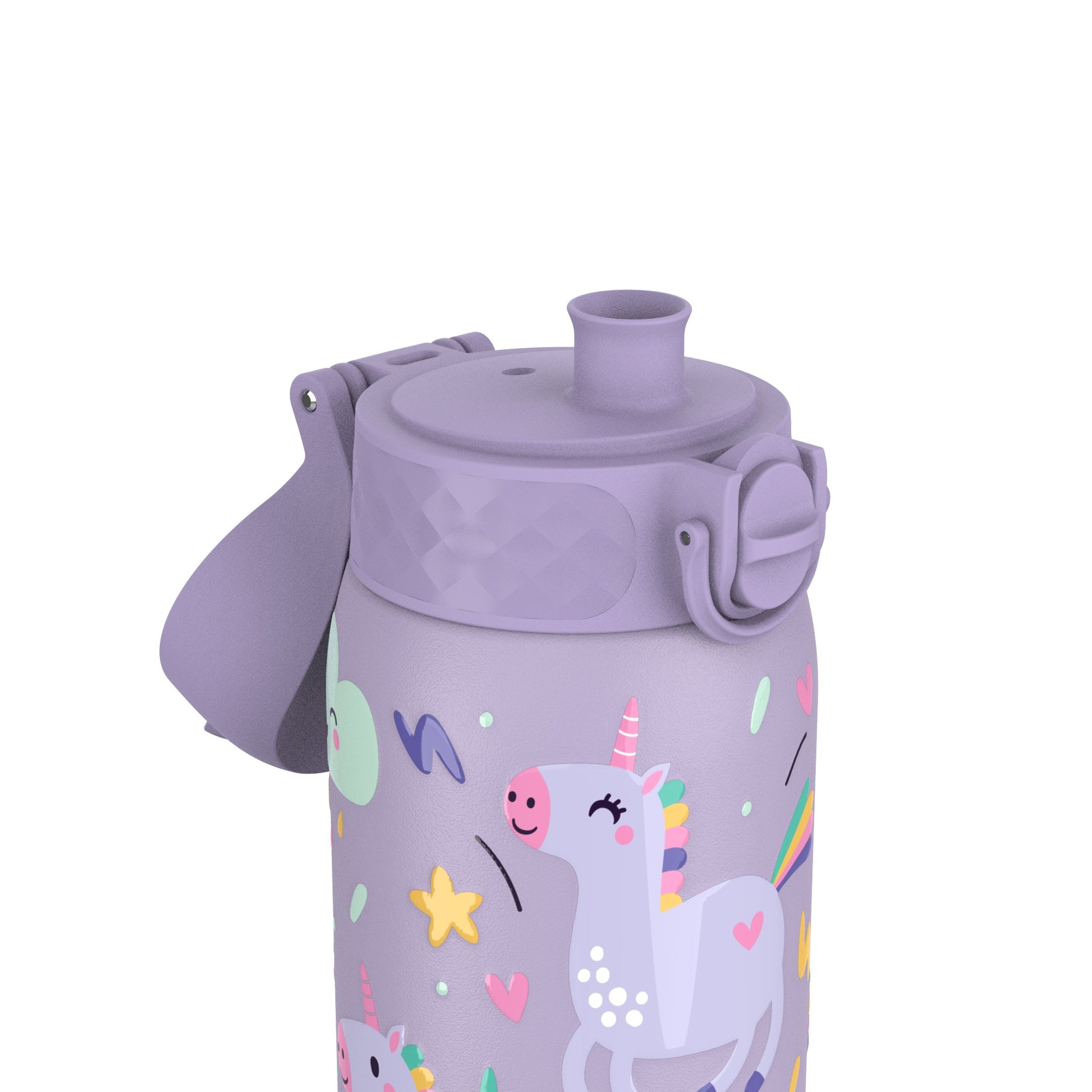 Purple water bottle adorned with colorful unicorn illustrations featuring hearts and stars against a simple white background.