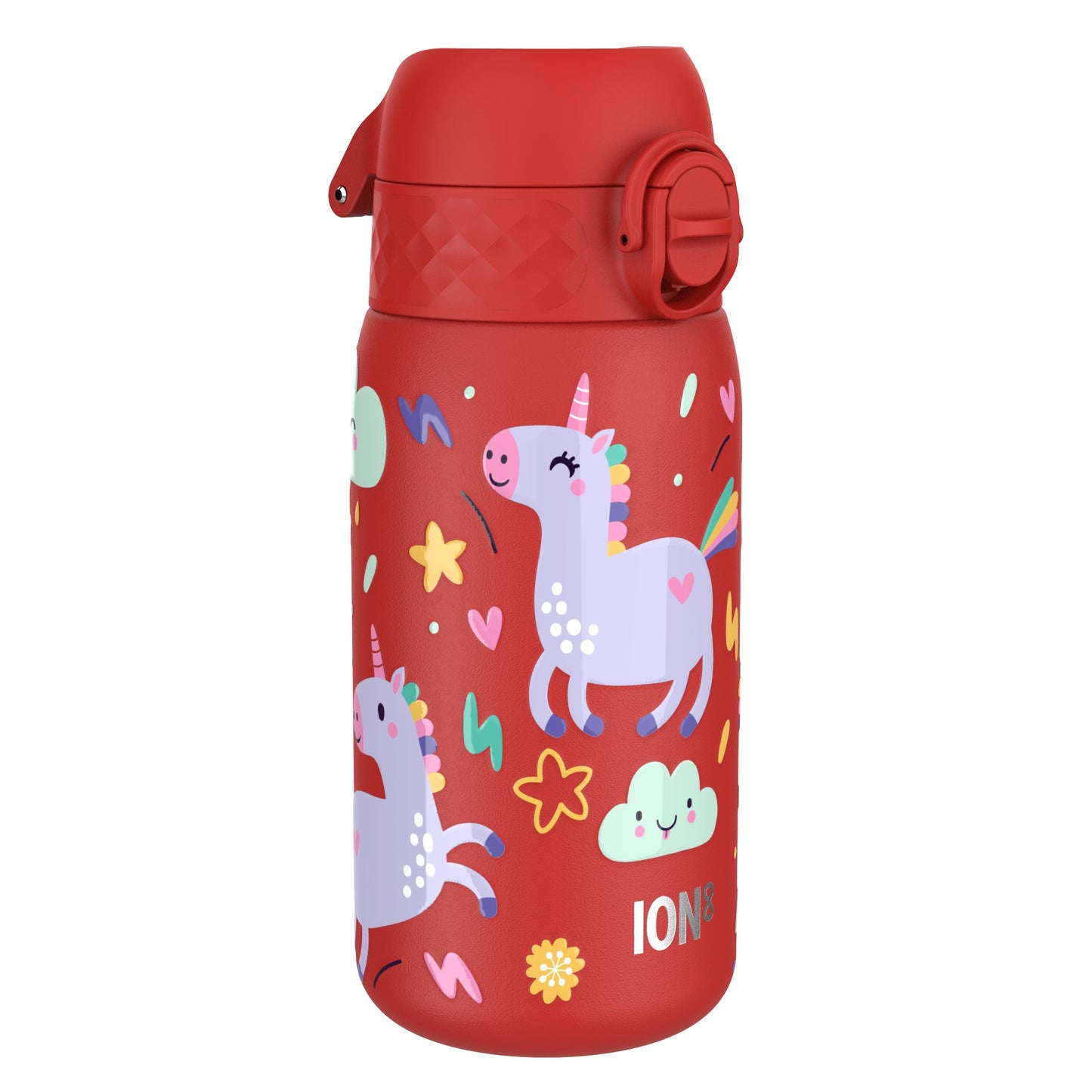 A red water bottle displays colorful unicorns and playful designs like stars and clouds with the text ION8 on the lower front in a whimsical setting.