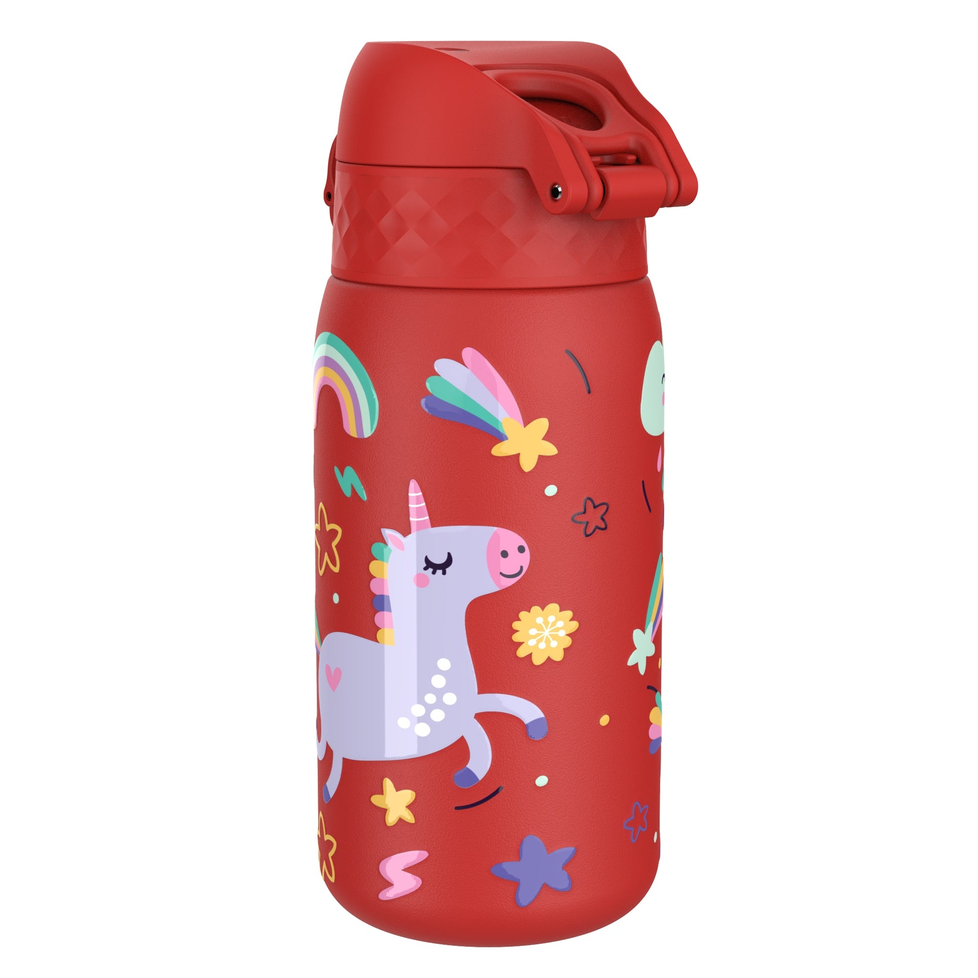 A red water bottle displays colorful unicorn and rainbow illustrations amidst stars and flowers against a plain background.