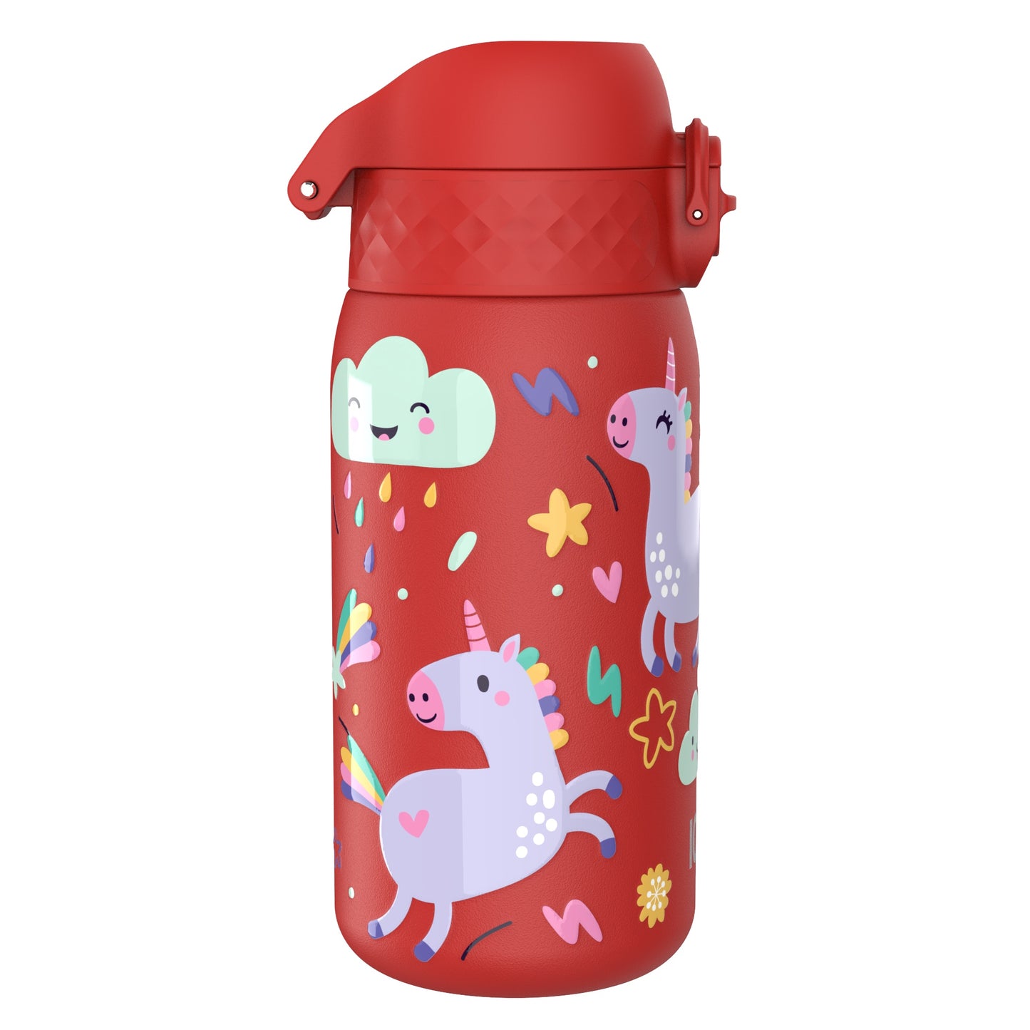 A red water bottle featuring colorful unicorns, stars, and a smiling cloud among playful rainbow droplets in a whimsical design.