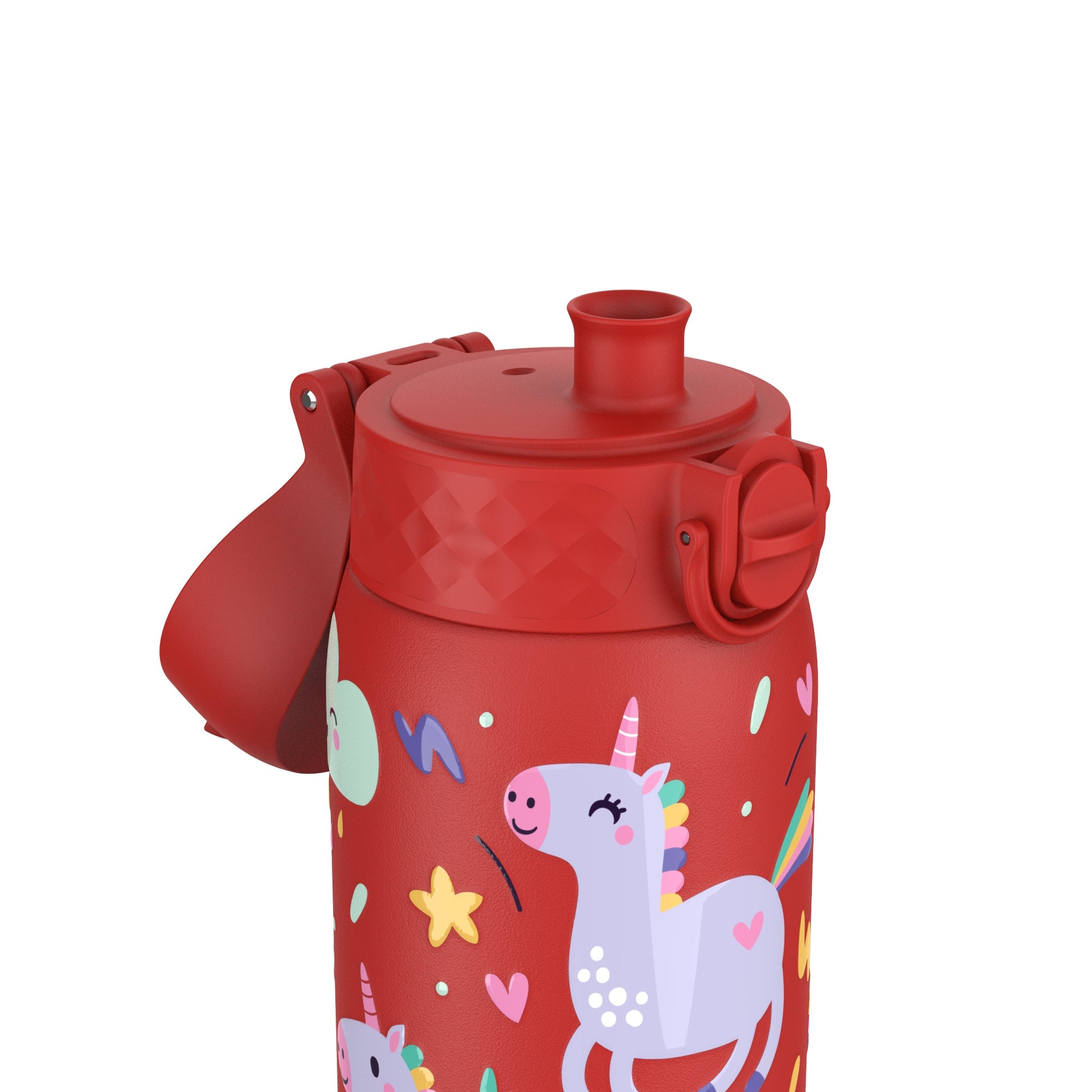 Red water bottle with a flip-top lid featuring colorful unicorn and heart designs standing upright against a white background.