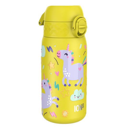 A yellow water bottle features colorful unicorns with stars and clouds in a playful design; brand name "ION8" appears on the bottom right.