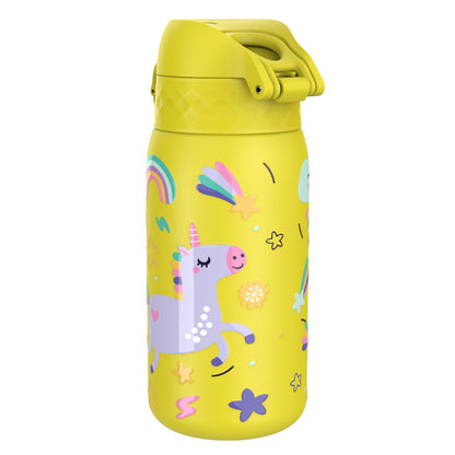 A yellow water bottle features a playful design with unicorns, stars, and rainbows. It has a secure lid with a handle suitable for children, set against a plain white background.