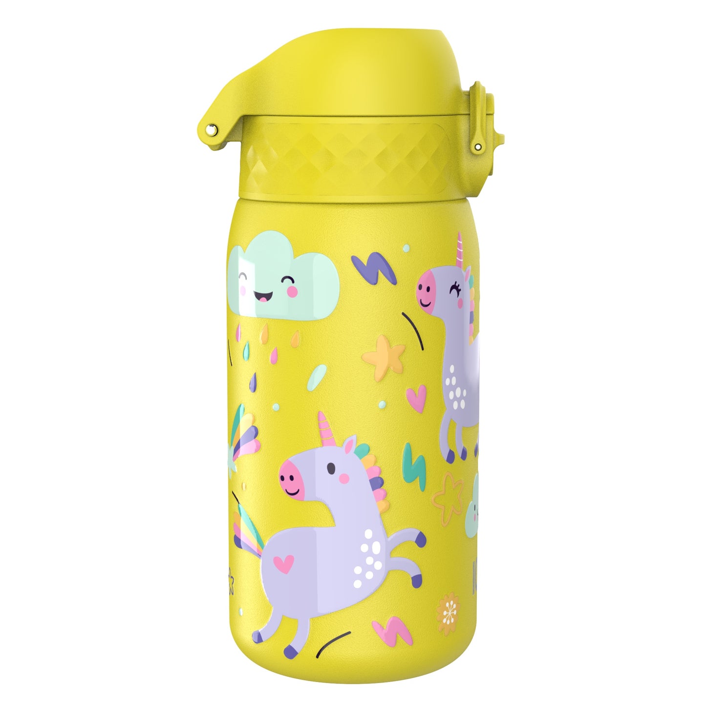 A yellow water bottle features playful unicorns, rainbows, and stars with smiling clouds, against a colorful, whimsical background.